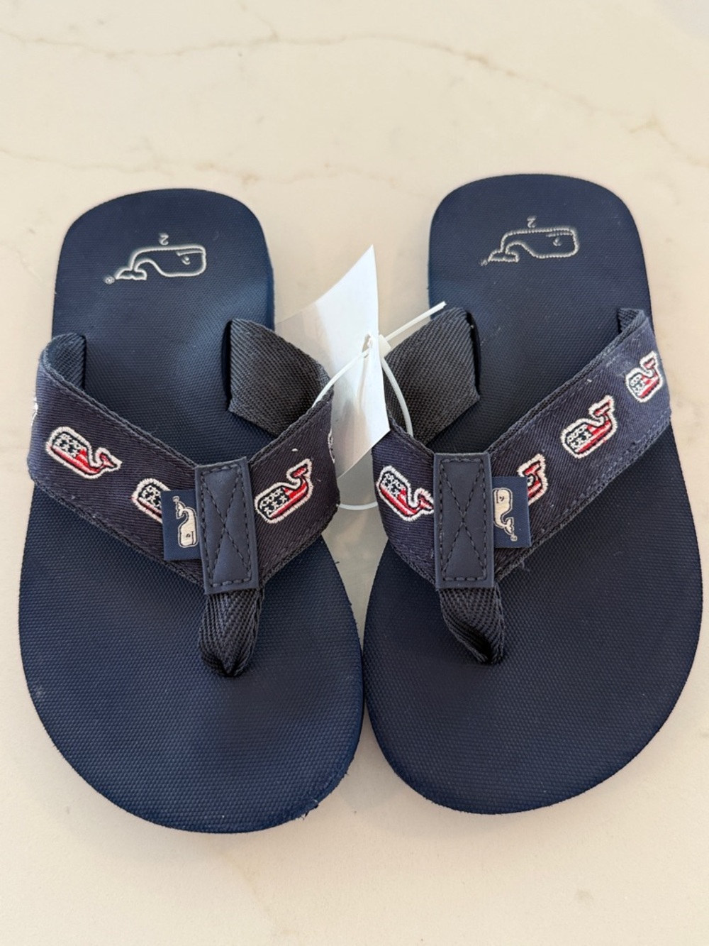 Vineyard Vines Navy Flip Flops with Whale Embroidered Strap